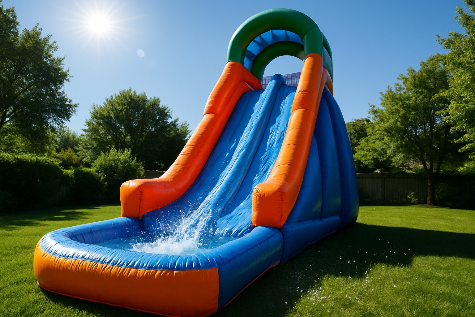 Resbaladilla inflable de agua con alberca de salpicaduras brillando bajo el sol de verano