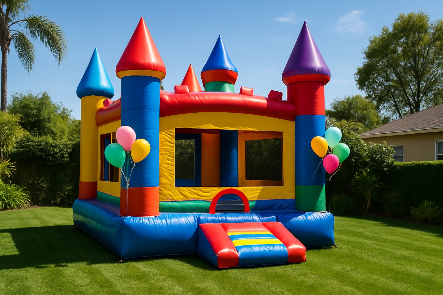 Brincolín de castillo de colores inflado en un jardín con globos en la entrada
