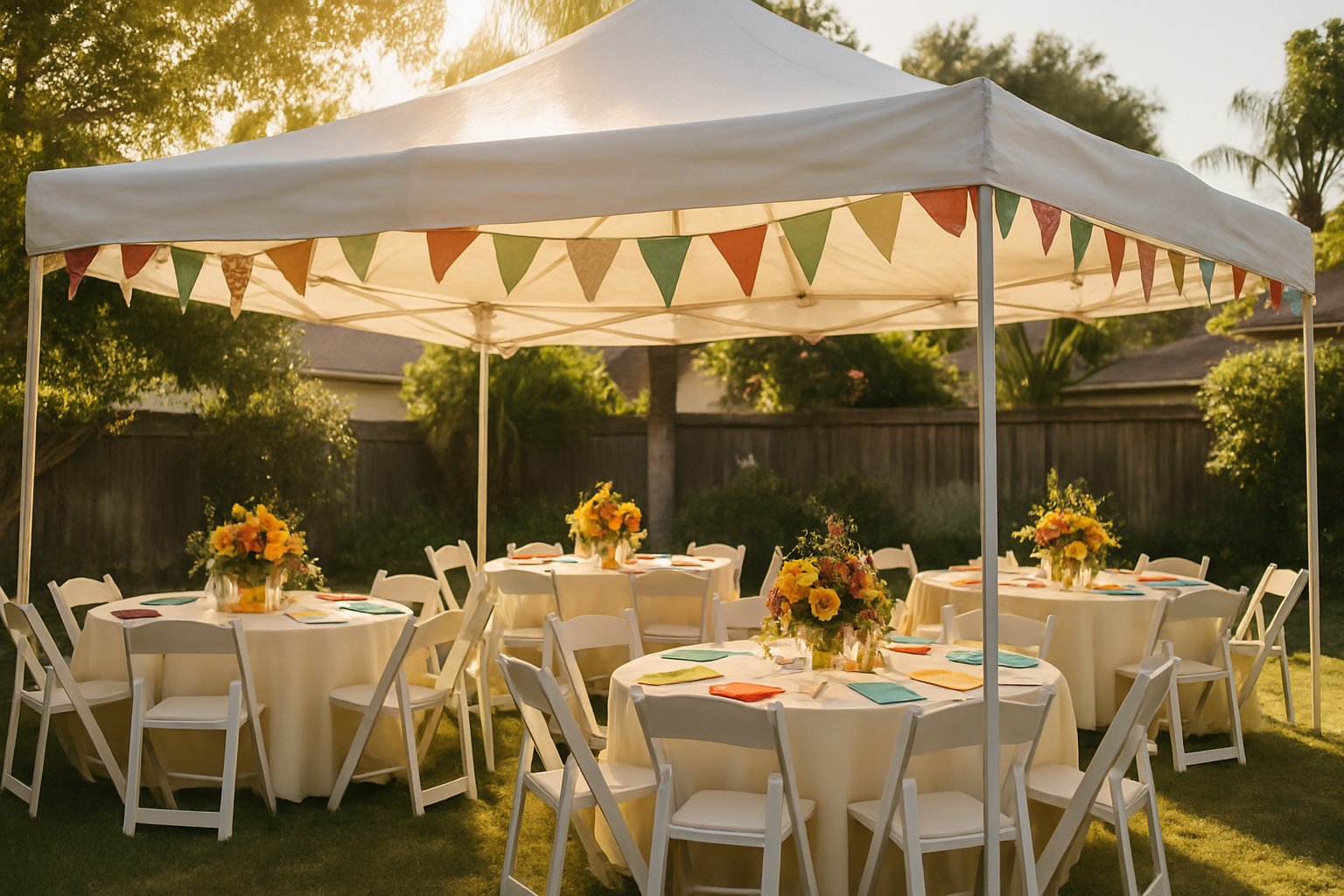 Carpa blanca para eventos montada sobre mesas decoradas en un patio soleado