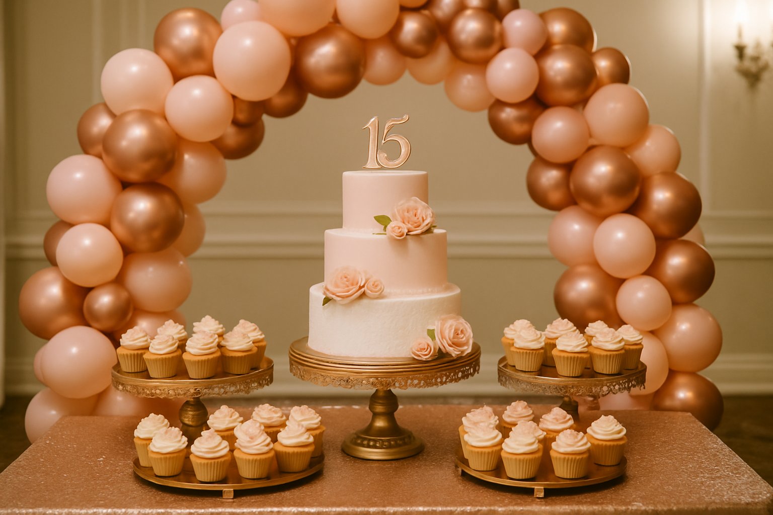 Mesa de postres de quinceañera con mantel rosa, pastel en base de niveles y arco de globos
