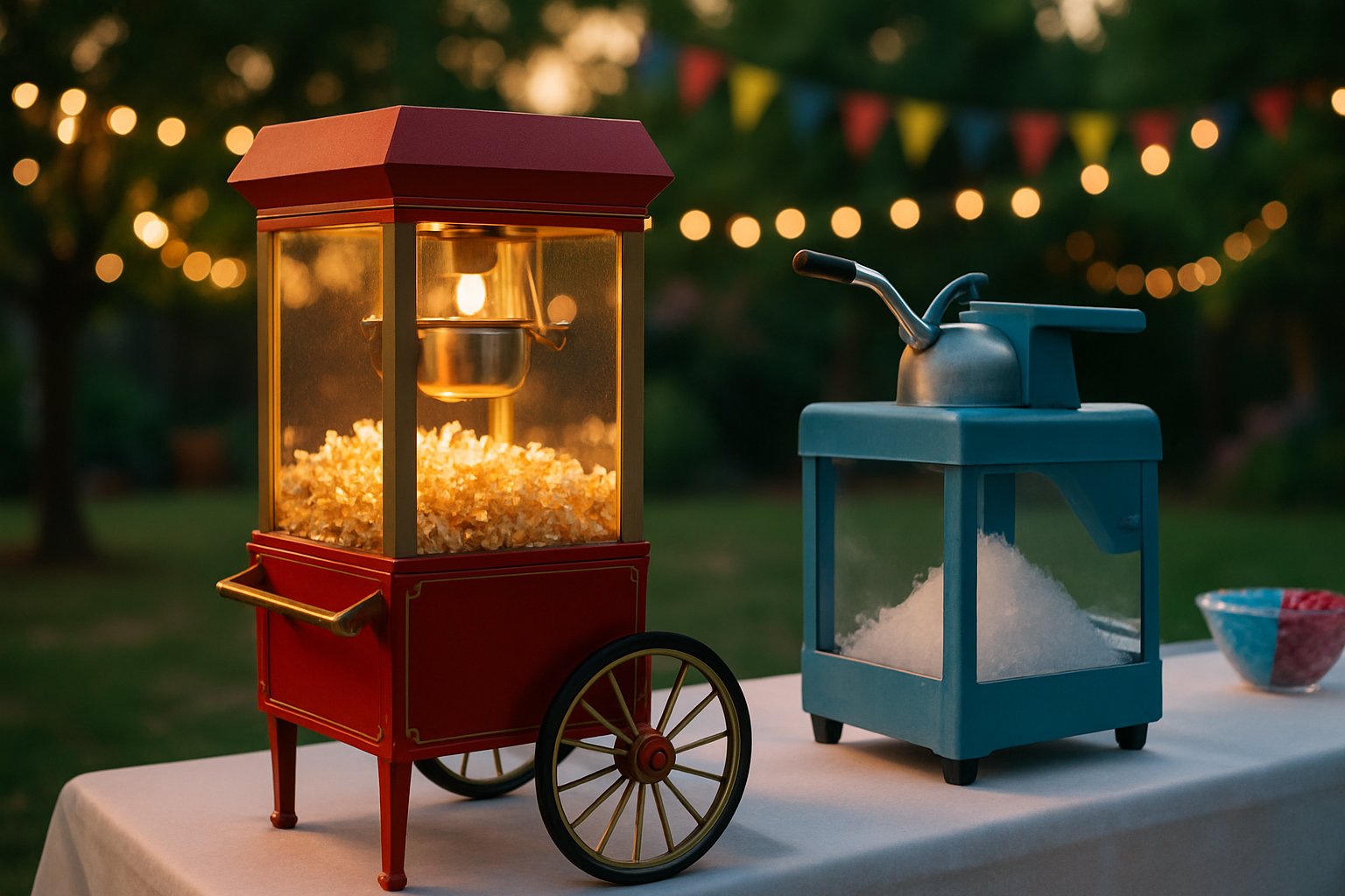 Máquina de palomitas estilo clásico junto a máquina de raspados en una mesa de fiesta